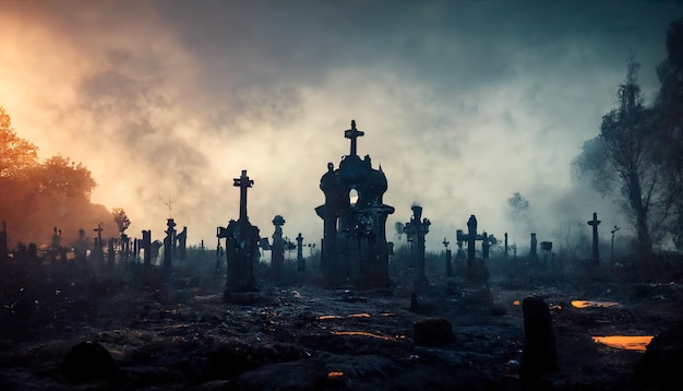 Noite sombria cemitério monumentos de pedra céu com nuvens nevoeiro cena dramática para Halloween ilustração de fundo 3D