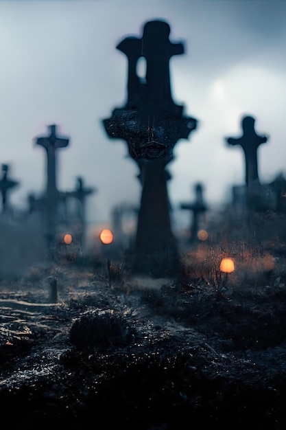 Noite sombria cemitério monumentos de pedra céu com nuvens nevoeiro cena dramática para Halloween ilustração de fundo 3D