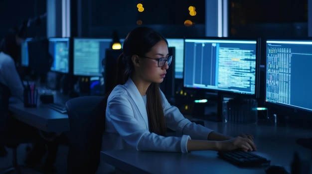 À noite, uma programadora asiática senta-se em sua estação de trabalho em um escritório de negócios, codificando e usando vários monitores para trabalhar em Generative AI