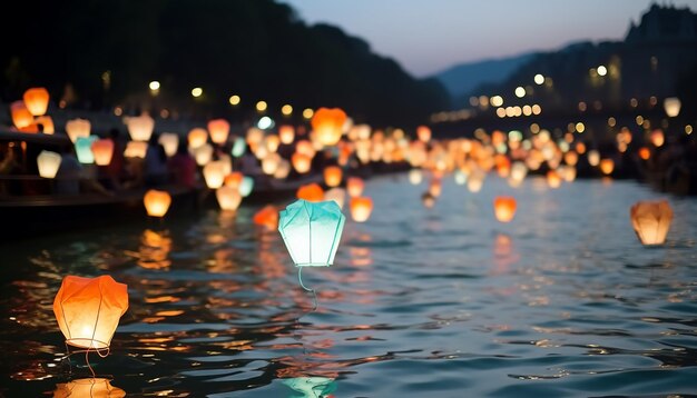 Foto noites românticas de verão iluminadas por lanternas brilhantes na água gerada pela ia