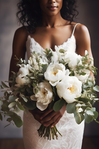 Noiva africana-americana segura um buquê de casamento flores de peônia branca composição florista eucalipto