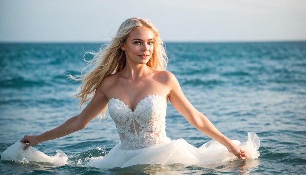 Noiva alegre em um vestido de noiva branco sorri brilhantemente enquanto segura seu vestido com as ondas do oceano suavemente batendo em seus pés Férias de verão no mar