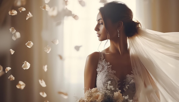 noiva com vestido com flores na frente de uma cortina