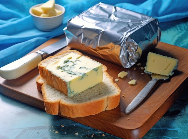 Noiva de mesa de queijo creme processado envolta em papel de alumínio e fatia de pão em uma tábua de cortar sobre madeira azul