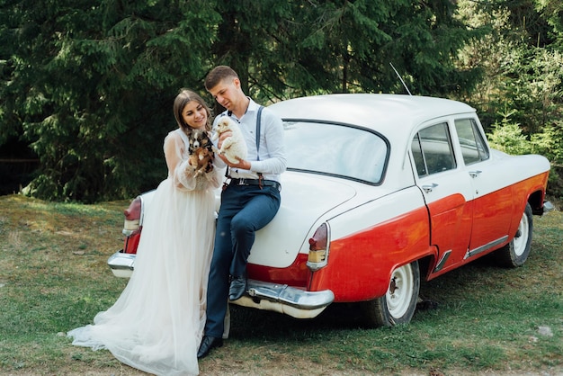 Foto noiva e noivo abraçando e olhando os filhotes perto do carro do casamento