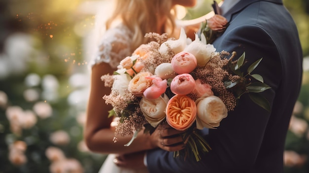 noiva e noivo abraçando e segurando um buquê de flores na festa de casamento