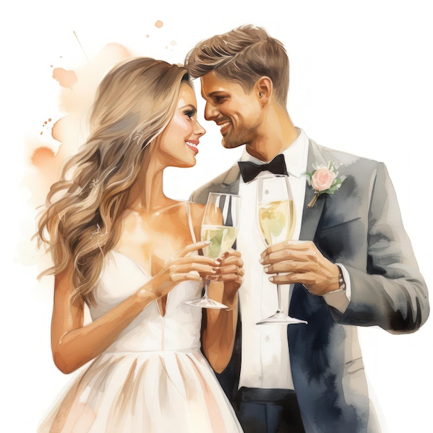 Noiva e noivo brindando com taças de champanhe branco em charmoso aquarela Clipart