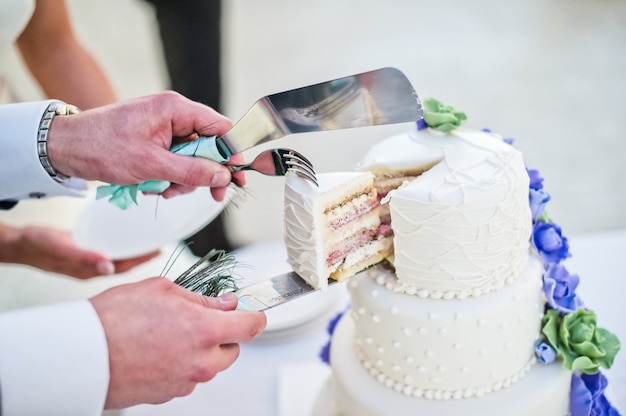 Noiva e noivo cortam bolo de casamento branco decorado com flores azuis