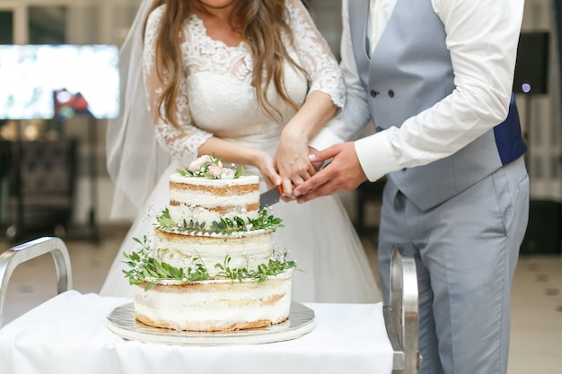 Noiva e noivo cortam o bolo de casamento.