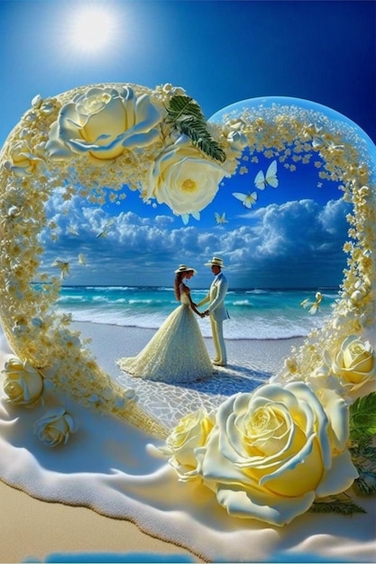 Noiva e noivo em frente a um bolo em forma de coração Generative Ai