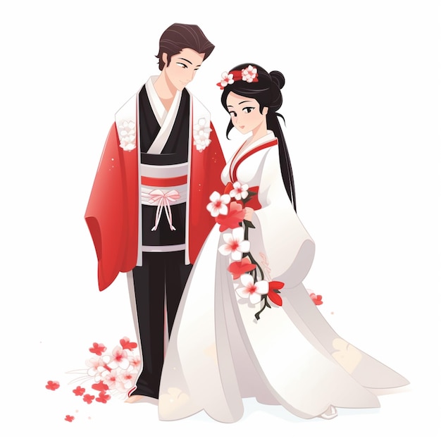 Noiva e noivo em trajes tradicionais de casamento japoneses com flores AI Generative