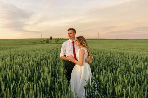 Noiva e noivo em um campo de trigo. Um casal está abraçando durante o pôr do sol.