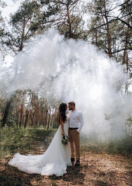 Noiva e noivo Luxuoso jovem casal de recém-casados apaixonados posando para a primeira sessão de fotos de casamento em família