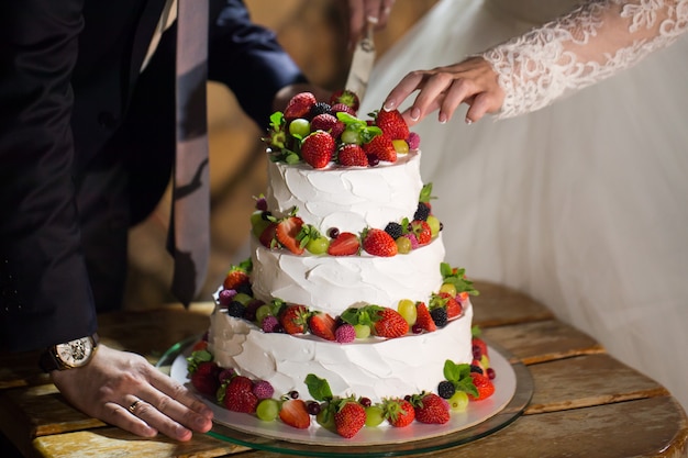 Noiva e noivo na recepção de casamento, corte o bolo de casamento