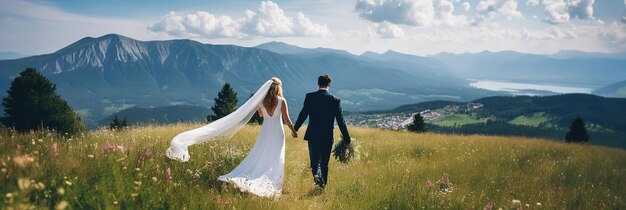 Noiva e noivo recém-casados nas montanhas Cerimônia do Dia do Casamento
