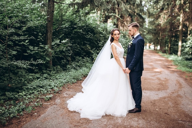 Noiva e noivo se abraçando, se beijando ao ar livre em um dia de casamento, jovem casal, dia dos namorados