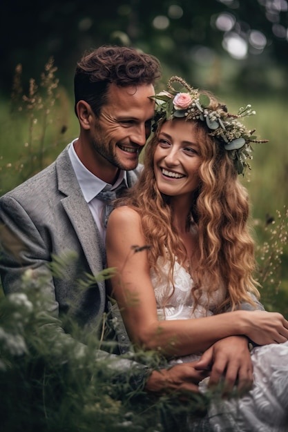 Noiva e noivo sentados em um campo com flores na cabeça