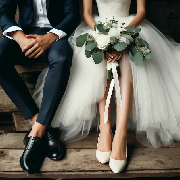 Foto noiva e noivo sentados juntos, trajes de casamento em close-up