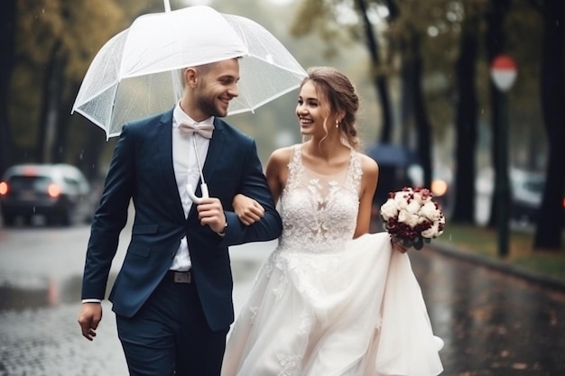 Noiva e noivo sob um guarda-chuva