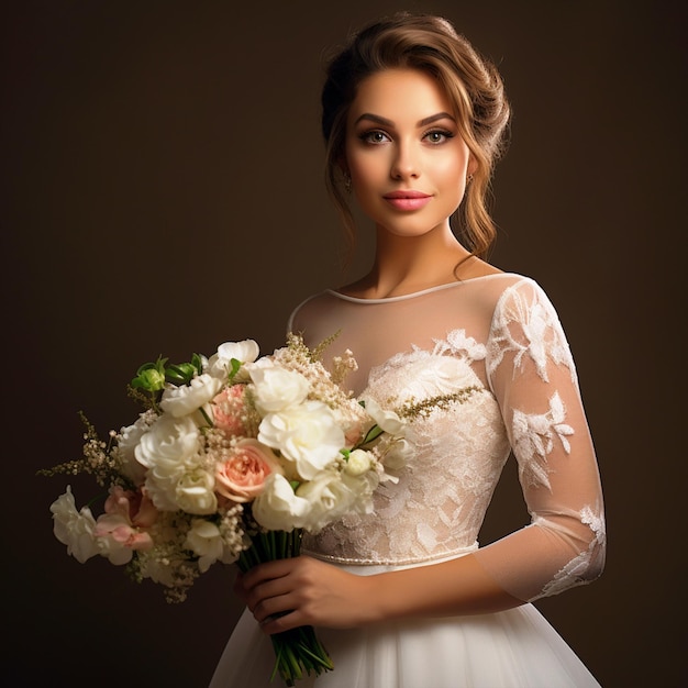 Foto noiva em um vestido branco segurando um buquê de flores em frente a um fundo isolado