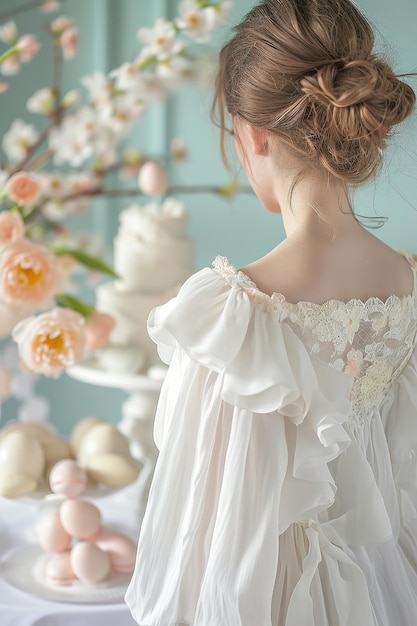 Foto noiva em vestido de renda admirando arranjo floral epítome de elegância nupcial ideal
