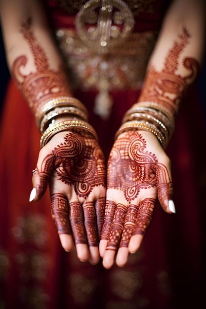 Noiva indiana adornada com intrincados mehendi nas mãos mostrando a arte e a beleza da henna