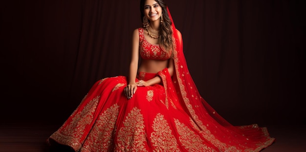 Noiva indiana sorridente vestindo Lehenga vermelho e jóias