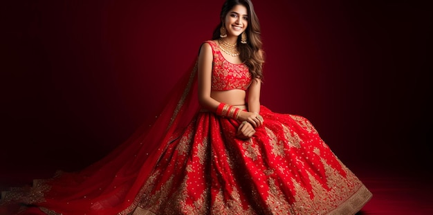 Noiva indiana sorridente vestindo Lehenga vermelho e jóias