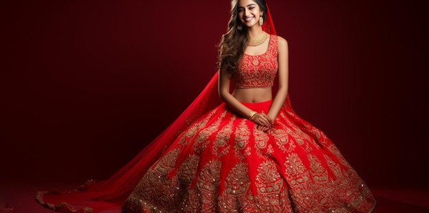 Noiva indiana sorridente vestindo Lehenga vermelho e jóias