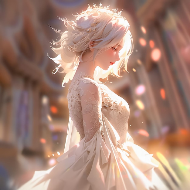 Noiva linda em vestido de noiva branco com flor e coroa Elegância e fantasia gerada por Ai