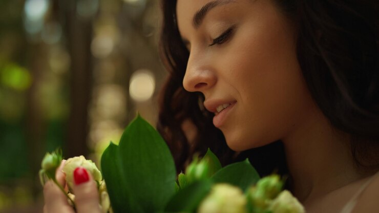 Foto noiva romântica segurando flores no jardim closeup encantadora mulher tocando folhas e flores ao ar livre retrato de menina morena cheirando rosas no parque