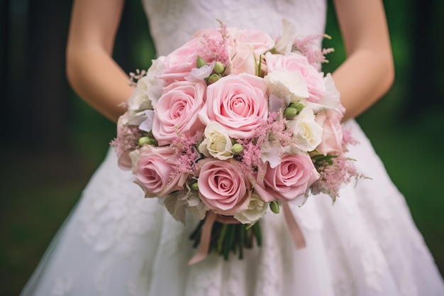 Foto noiva segurando seu dia de casamento buquê de belas rosas