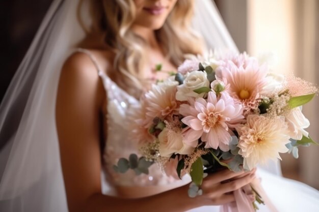 Noiva segurando um buquê de flores