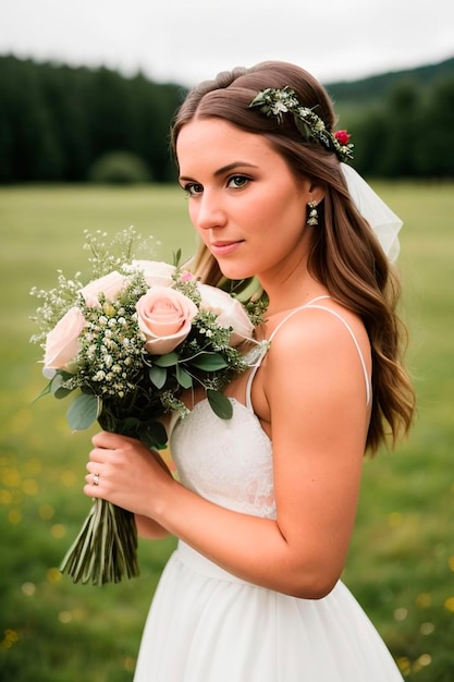 Noiva segurando um buquê de rosas em um campo