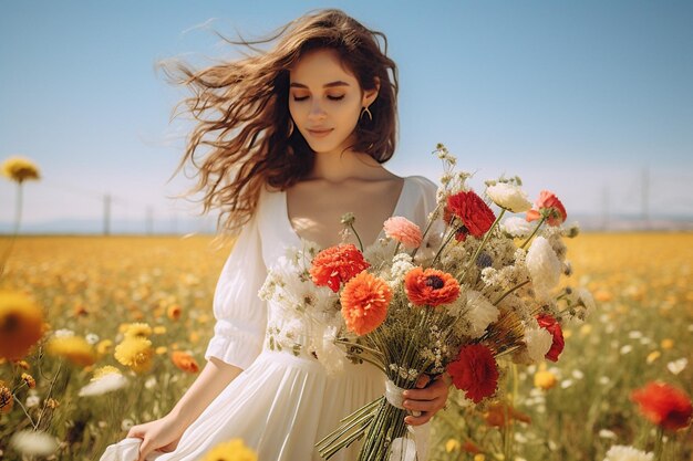 Noiva segurando um buquê enquanto está de pé em um campo de flores