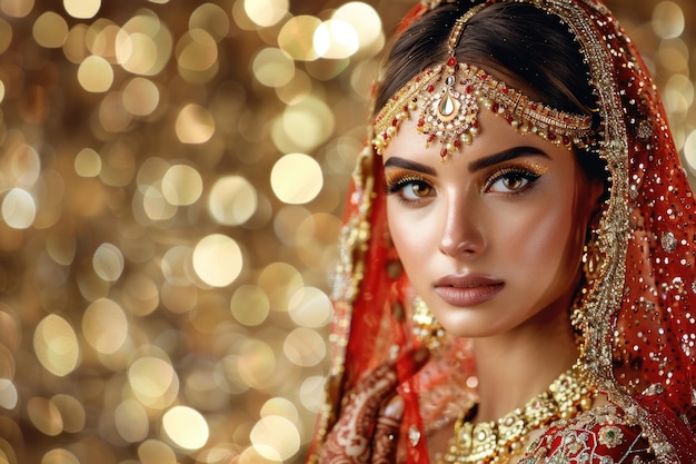 Noiva tradicional indiana paquistanesa com maquiagem e jóias pesadas