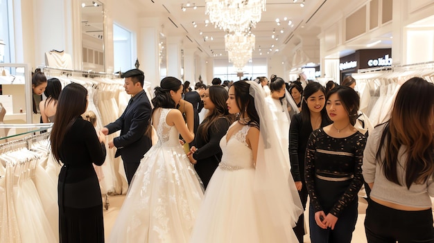 Foto noivas e damas de honra numa loja de vestidos de noiva estão a olhar para vestidos de núpcias
