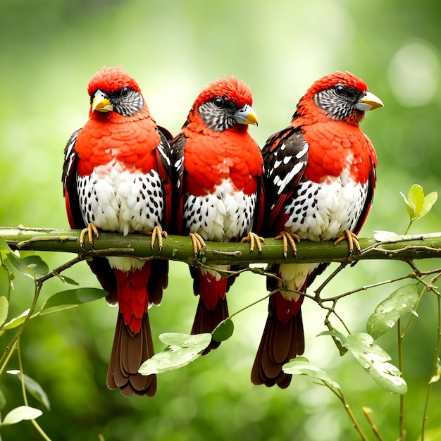 Foto noivas vermelhas triplas com manchas brancas e asas marrons empoleiradas juntas em um galho de grama fino expostas