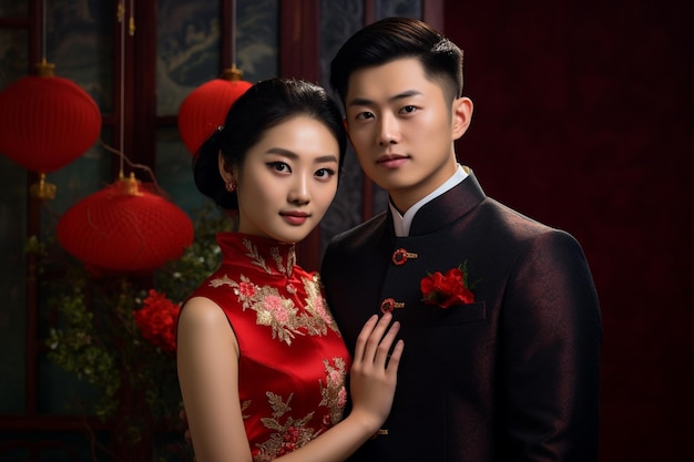 noivo e noiva chineses vestindo trajes de casamento chineses