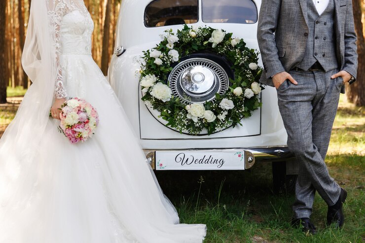 Noivo e noiva posando perto de carro branco recém casado com inscrição '' casamento ''