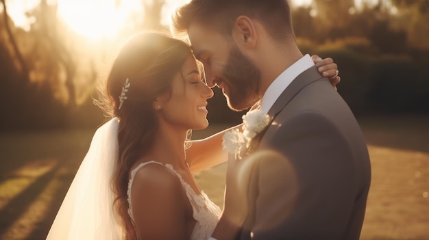 Noivo e noiva se beijando no dia do casamento