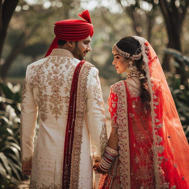 Foto noivo indiano vestido de sherwani branco e mão vermelha ai generativo