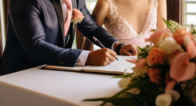 noivos assinando contrato de casamento