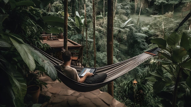 Un nómada digital que disfruta de la libertad de trabajar de forma remota con una computadora portátil mientras se relaja en una hamaca en una exuberante jungla Generative Ai