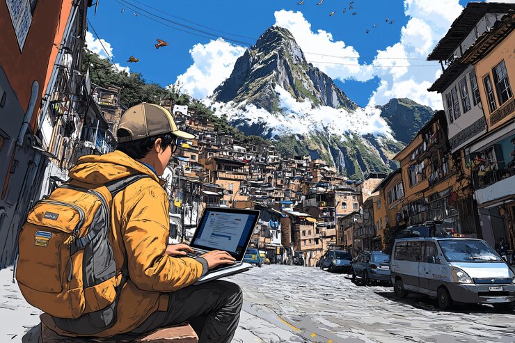 Nómada digital trabajando en una ciudad montañosa