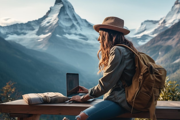 Foto nómada digital trabajando en una computadora portátil con una impresionante vista a la montaña creada con ia generativa