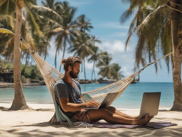 Un nómada digital trabajando con un portátil y hablando por teléfono