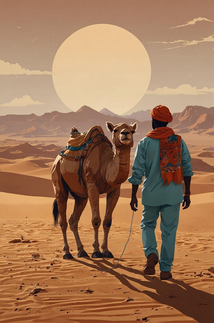 Foto nômade com camelo caminhando pelo deserto do saara sob um vasto pôr-do-sol