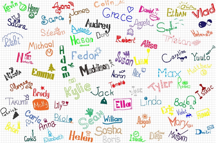 Foto nombres de los niños con pequeños dibujos en la pizarra