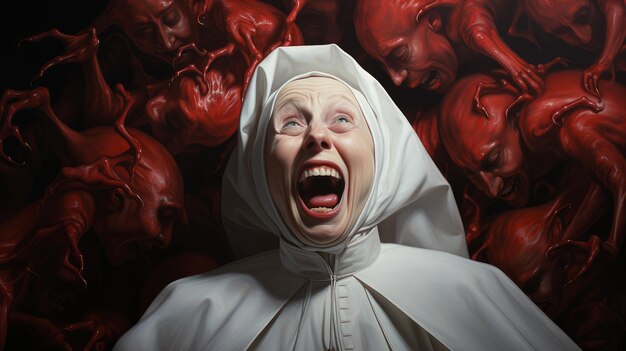 Nonne in der Hölle zwischen Dämonen und Skeletten